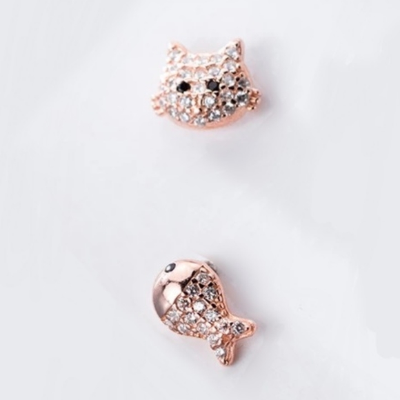 😻Cat Fish Mismatched Set Pair Rose Gold Sterling Silver Cubic Zirconia Pave Stu - Picture 3 of 5